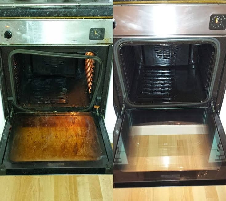 The inside of an oven before and after Galina cleaned it: baked-on grease and a rust-brown door tray on the left, bare metal racks and clear glass on the right